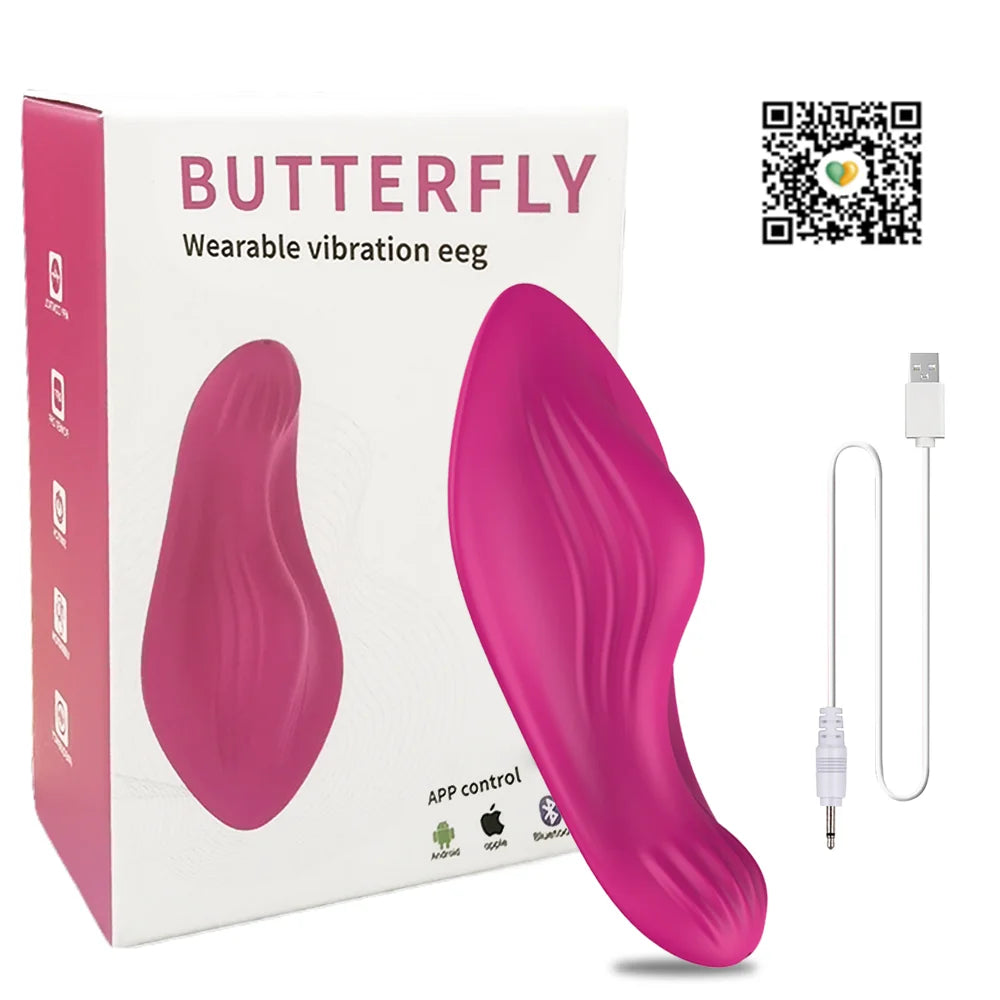 Wearable butterfly vibrator in magenta with APP control; USB charging cable included