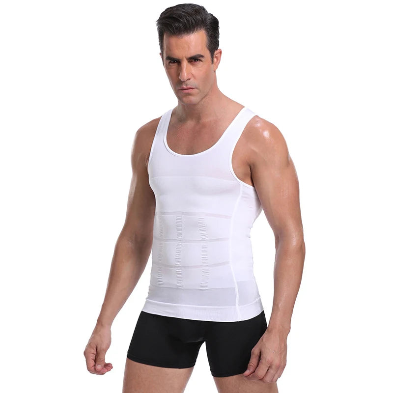 Men's white compression corset vest with panel detailing, wide ribbed seams