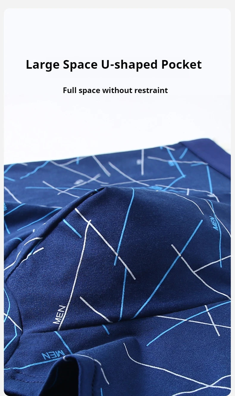 Men’s stretch trunks with large U-shaped pocket, shown in blue printed fabric
