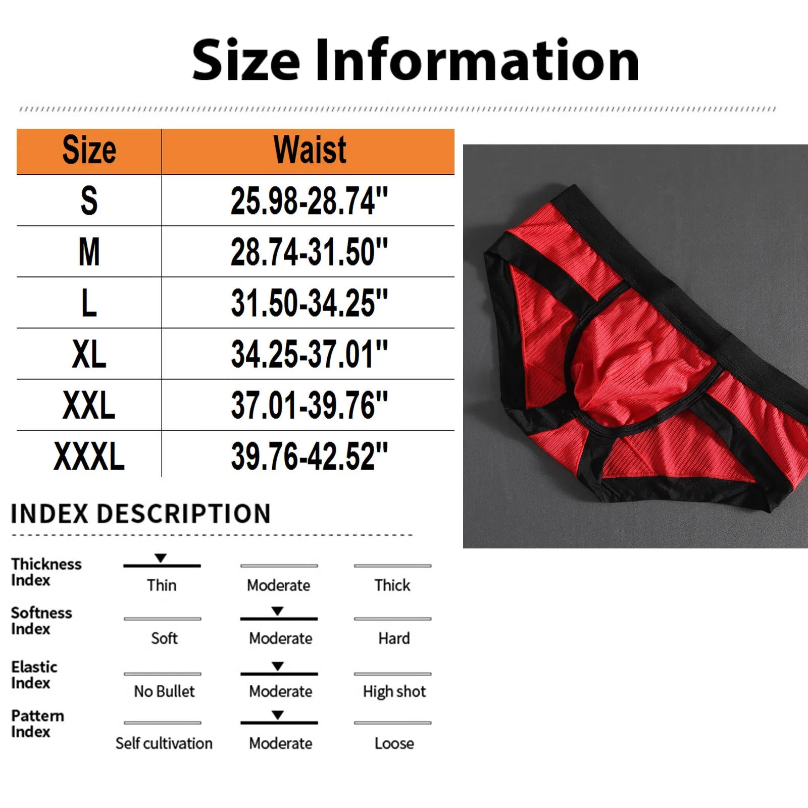 Size information chart for striped U-pouch low-rise briefs, with red brief thumbnail
