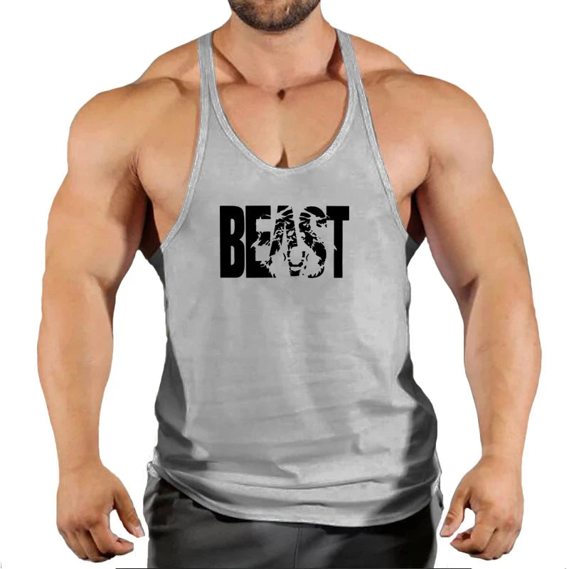 Men's gym stringer singlet vest, gray racerback tank with BEAST logo on chest