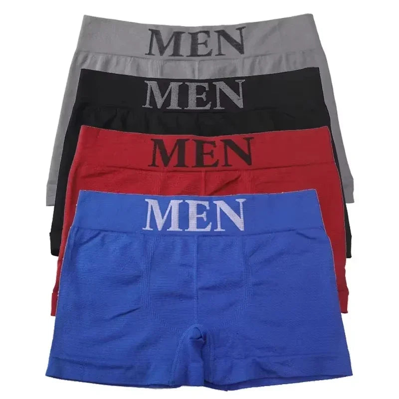 Men’s boxer briefs with “MEN” waistband print in black, red, blue, and gray