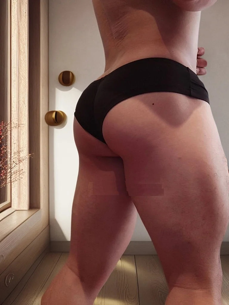 Black minimal stretch thong with wide waistband, back coverage view