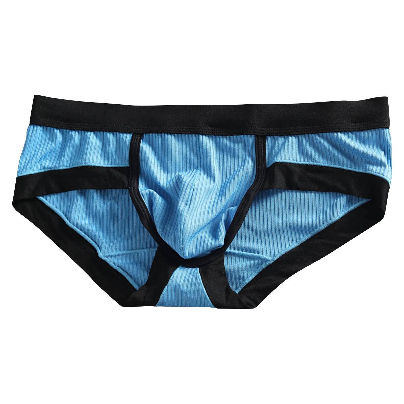 Striped U-pouch low-rise brief in light blue with black waistband and side panels