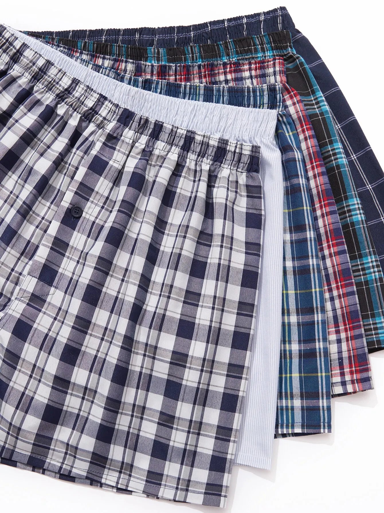 Plaid woven boxer shorts with elastic waistband and button fly
