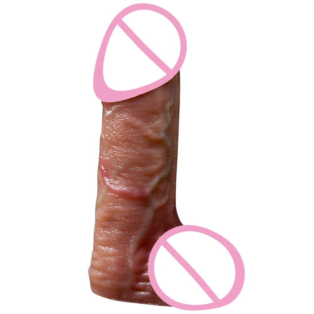 Silicone penis extension sleeve, brown, close-up side view with smooth ribbed texture