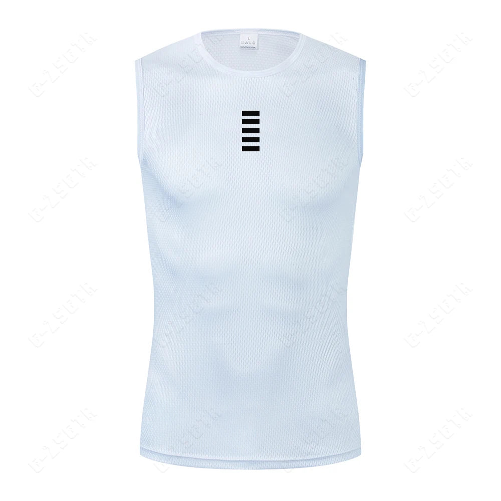 Men's white reflective cycling base layer vest, sleeveless mesh with vertical stripe