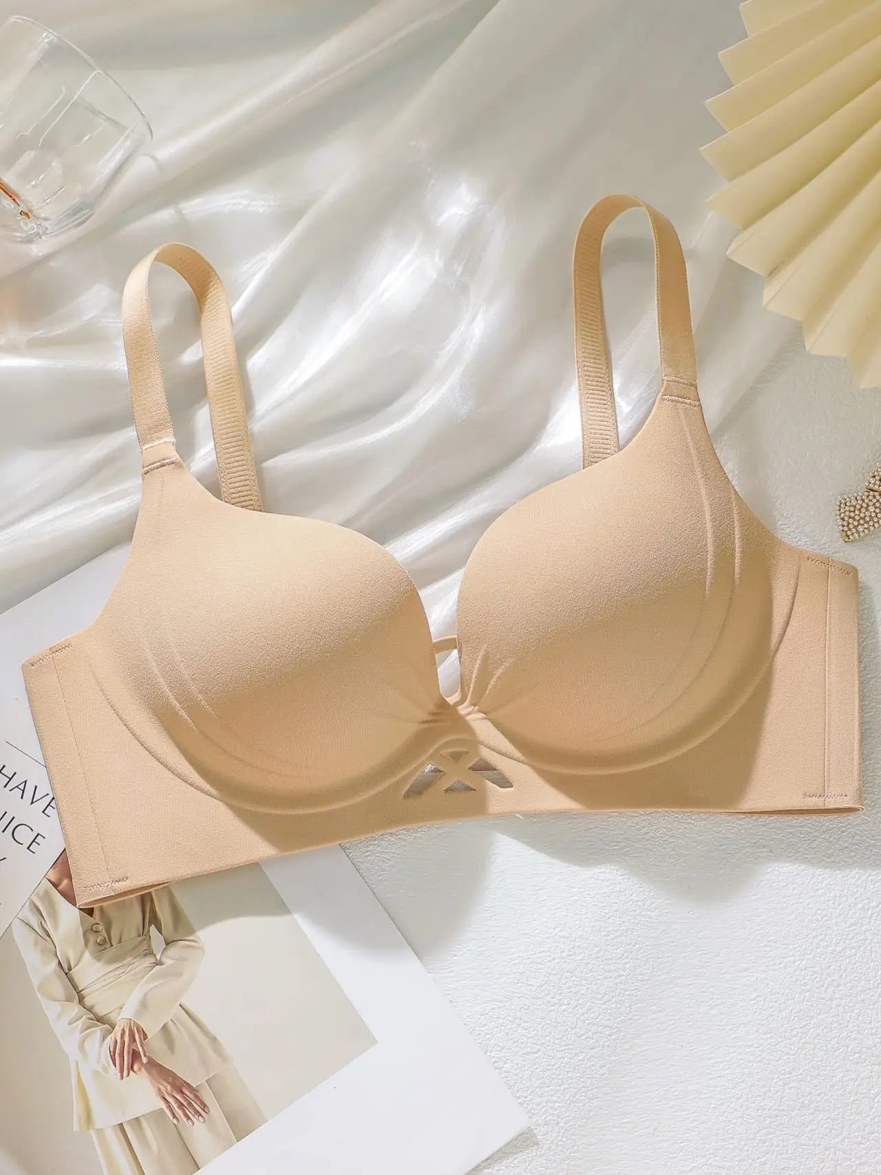 Skin-tone push-up cotton bra with molded cups and front cutout tie detail