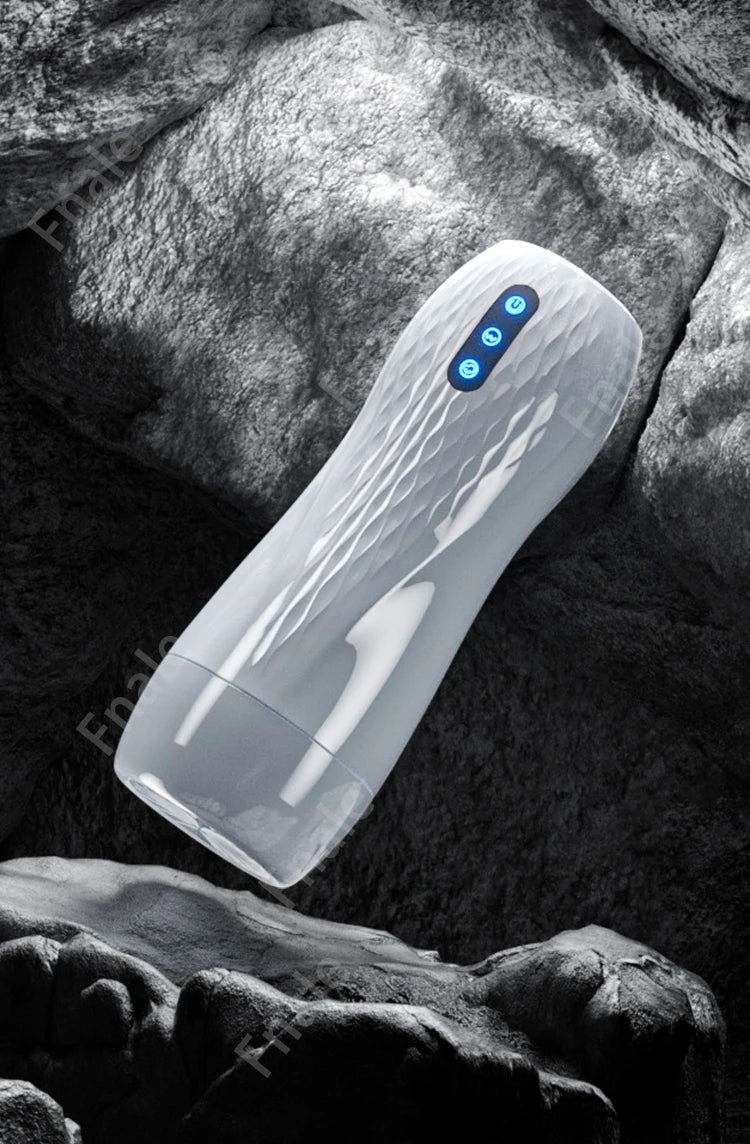 White automatic masturbator cup with flared opening and blue control buttons