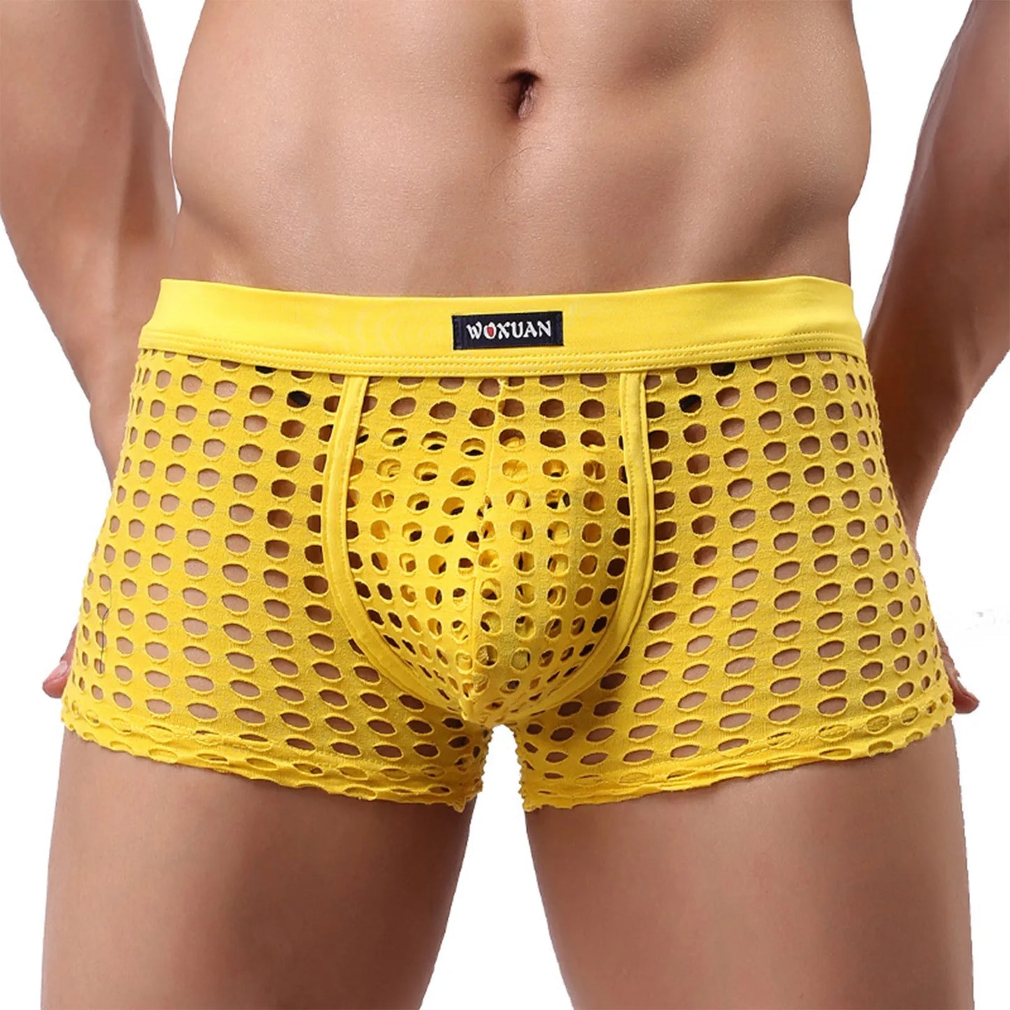 Open-mesh cutout boxer shorts, bright yellow, perforated mesh with pouch front.