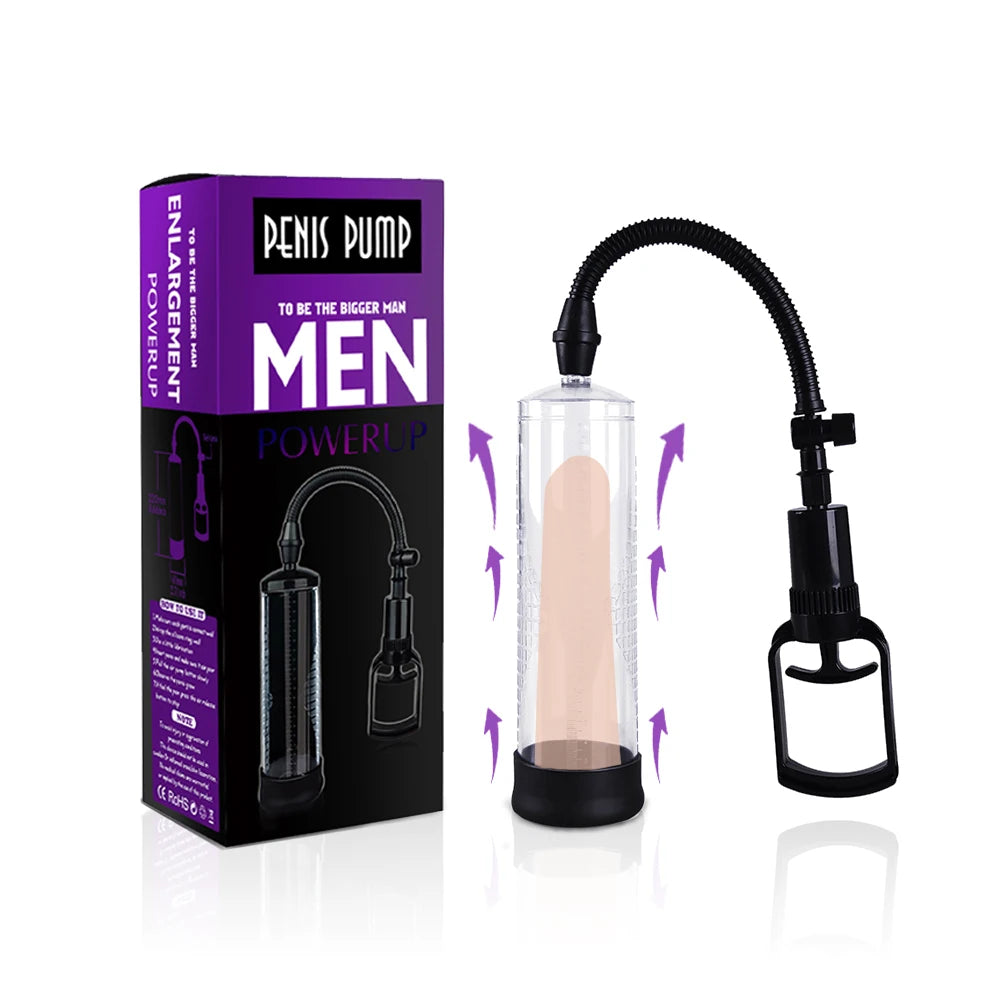 Men powerup penis pump kit with purple box, clear cylinder, and black pump hose