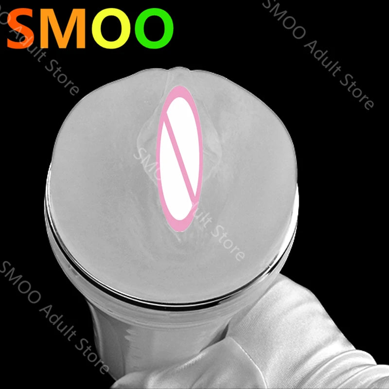 Realistic stroker cup, transparent front view showing pink oval opening and rim edge