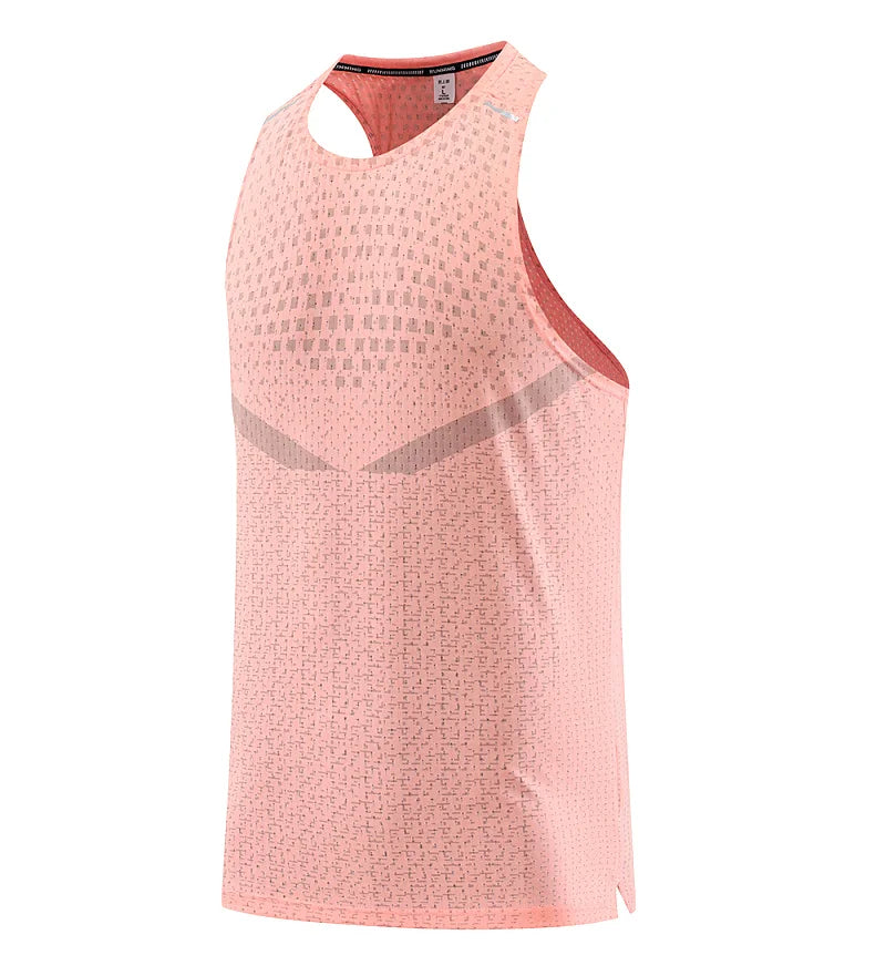 Light orange breathable mesh gym vest tank, sleeveless with round neck and black label