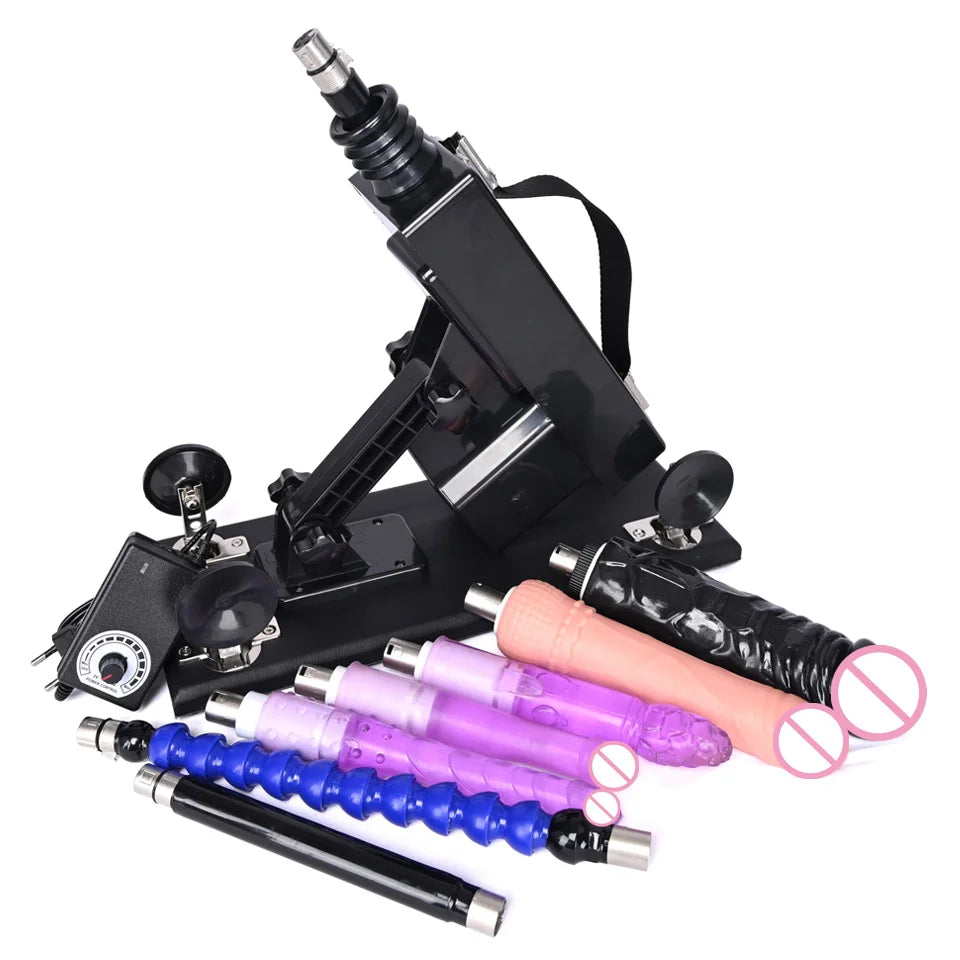 Automatic thrusting sex machine with pink and purple dildos, black base and straps