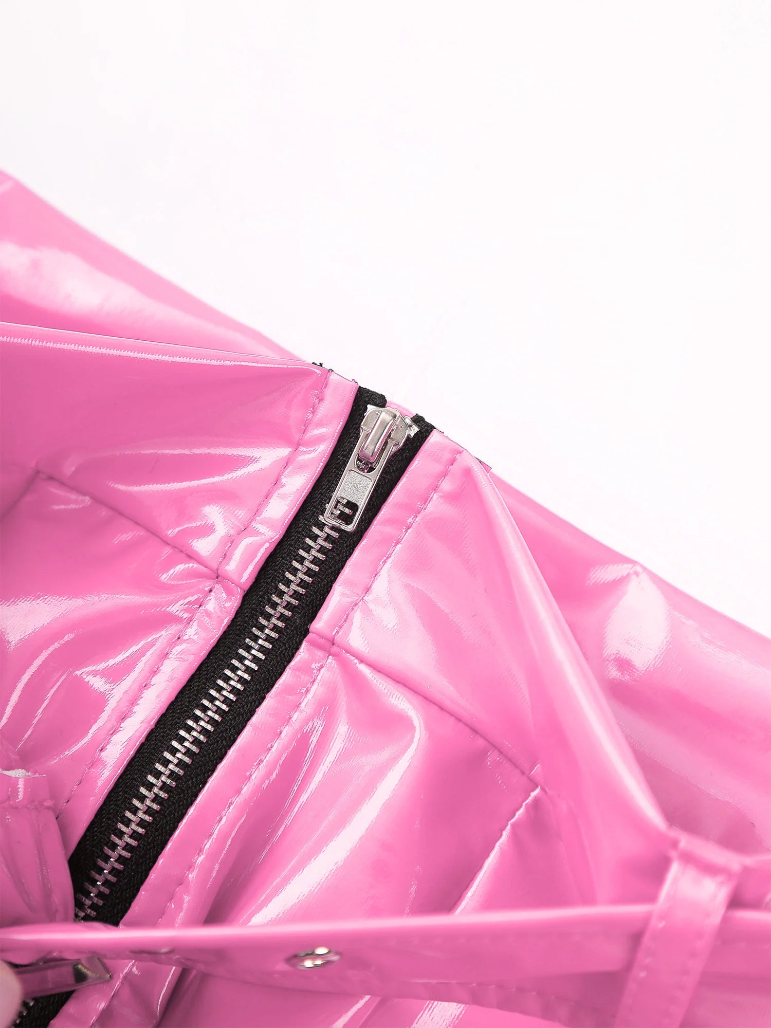 Pink wet-look PVC boxer briefs close-up with front zipper detail