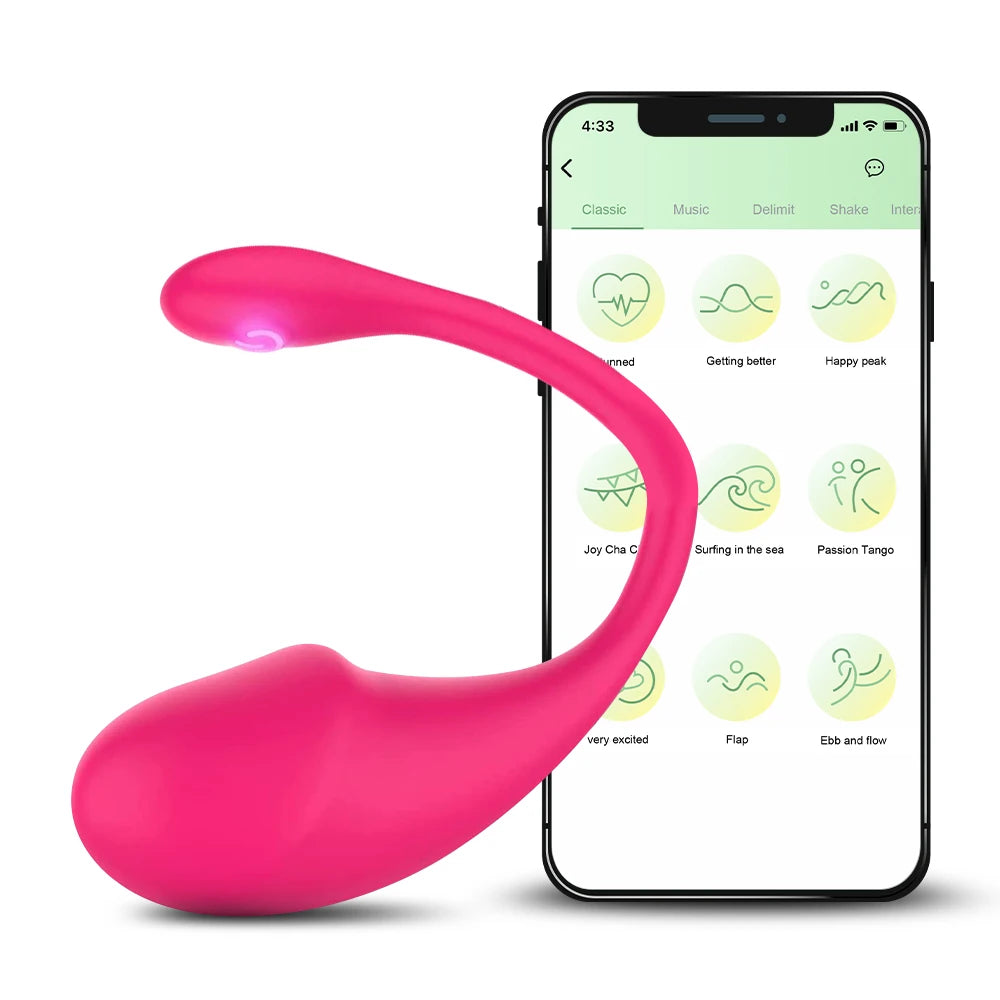 Pink wearable G-spot vibrator beside smartphone app with mode icons and wave-style controls