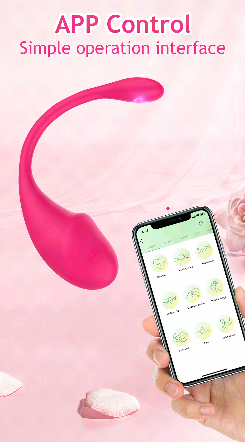 Pink wearable g-spot vibrator with phone app controls; curved body and tip