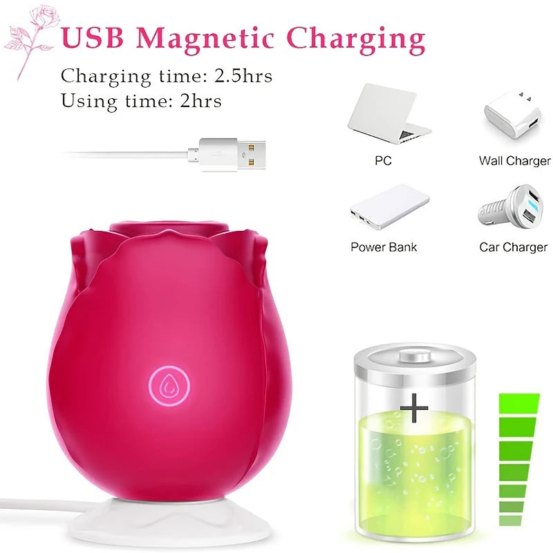Red rose suction clitoral vibrator front view with power icon; USB charging cable shown