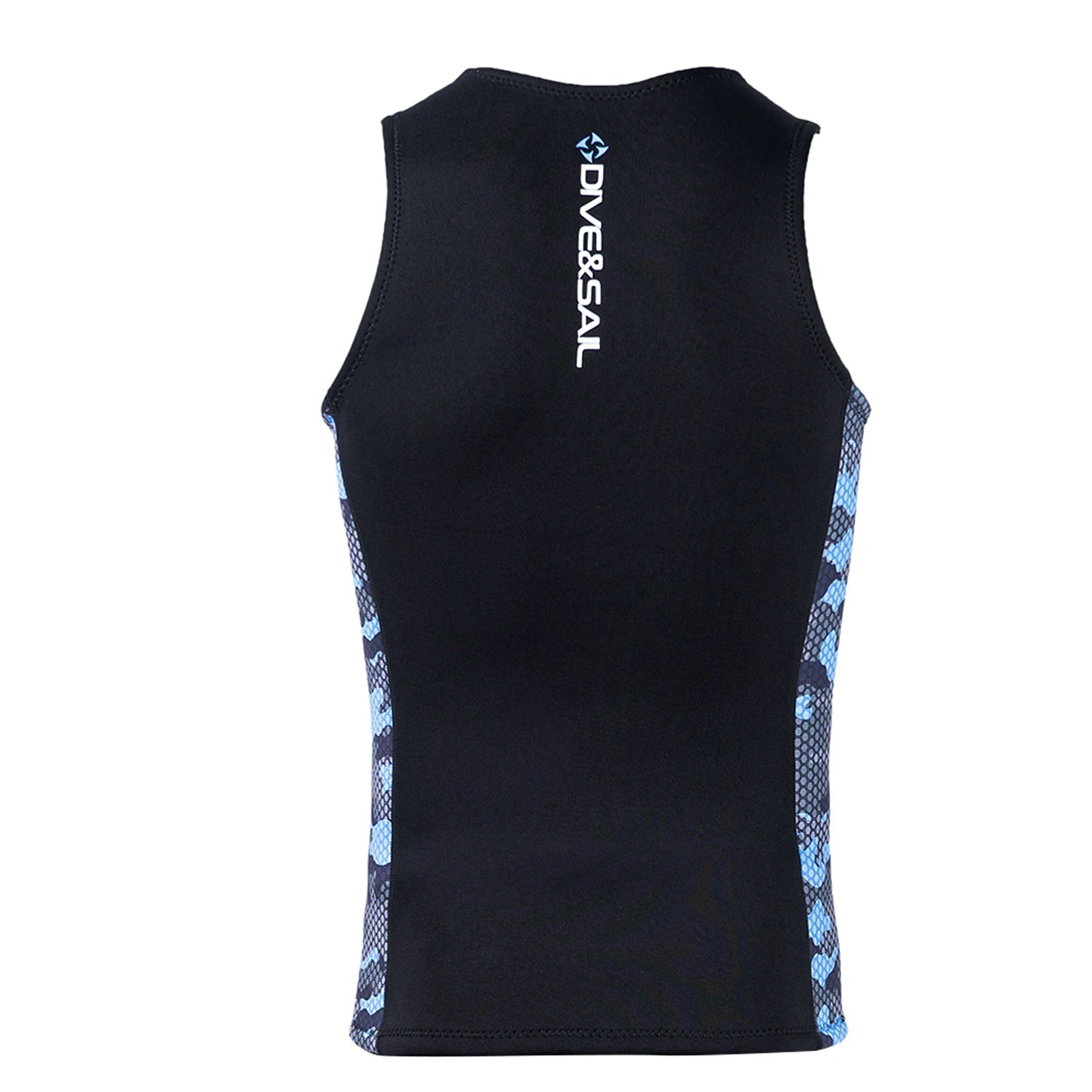 Black sleeveless wetsuit vest with blue camo side inserts