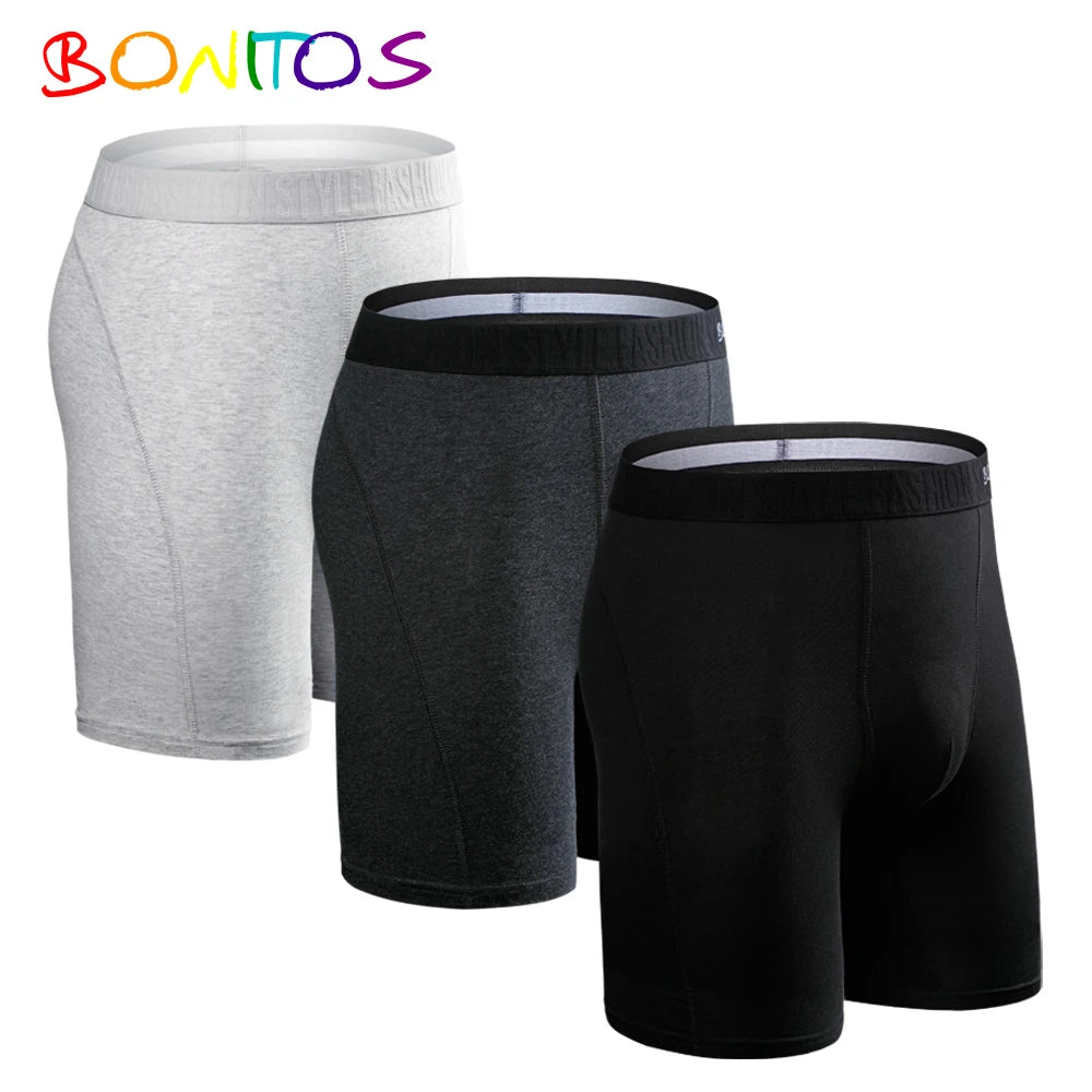 Men's cotton long boxer shorts, 3-pack in light gray, dark gray, and black
