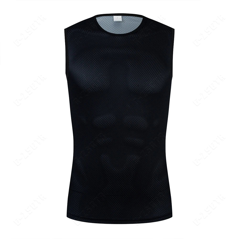 Black reflective cycling base layer vest, sleeveless front with mesh-like texture