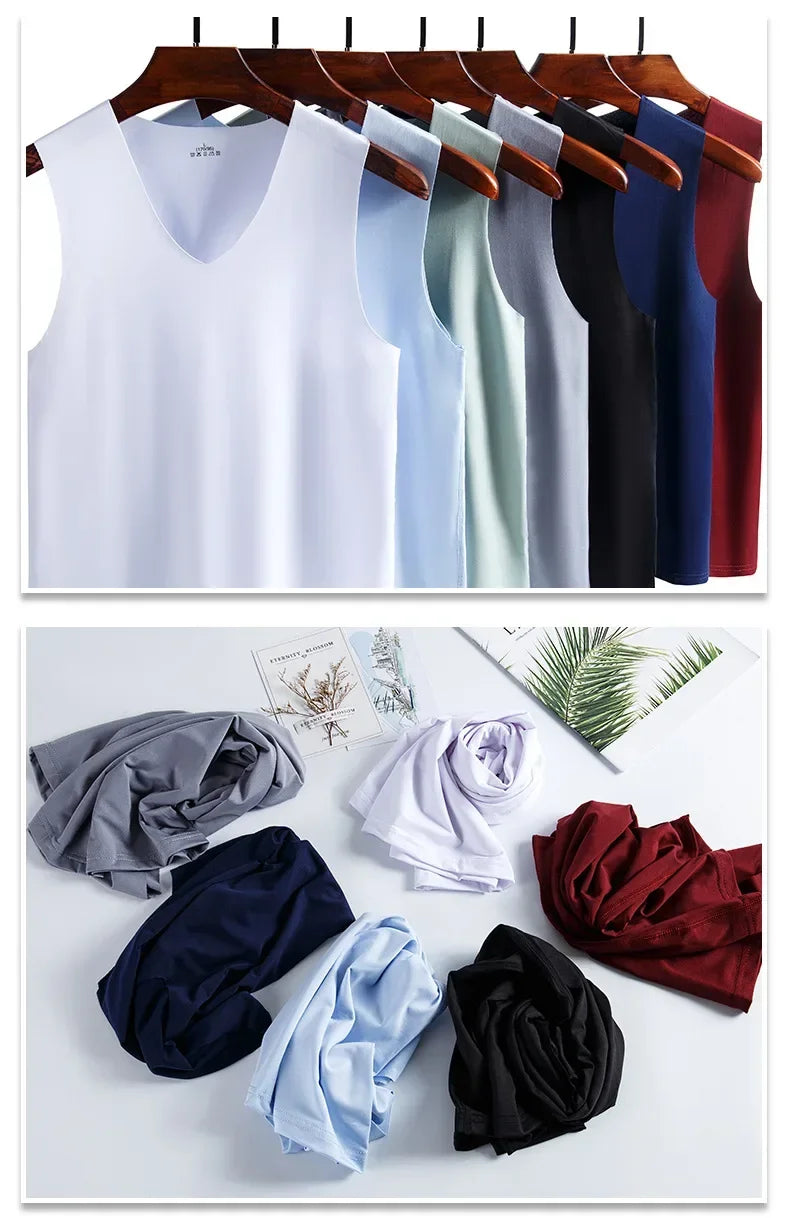 Assorted men's ice silk traceless tank tops on hangers, mixed colors
