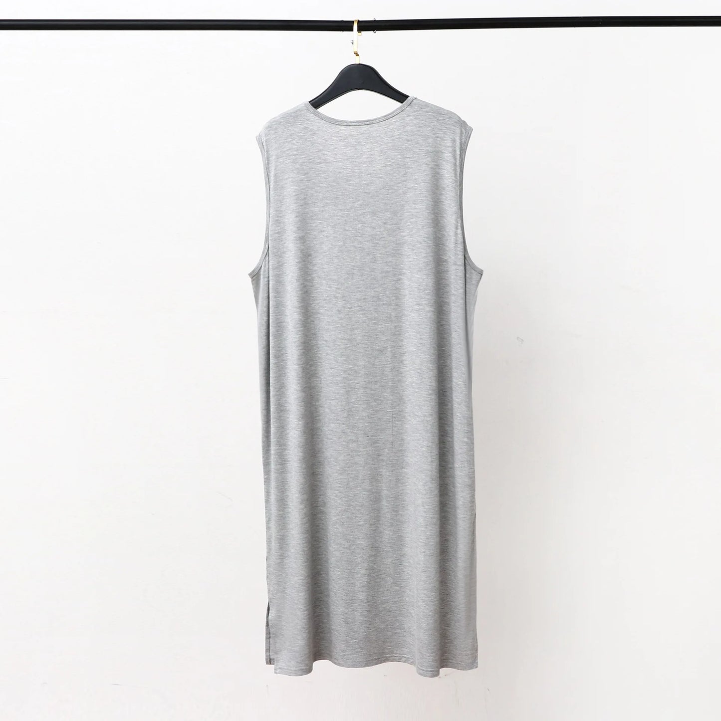 Men's sleeveless sleepwear vest dress, gray, hanging front view, long length
