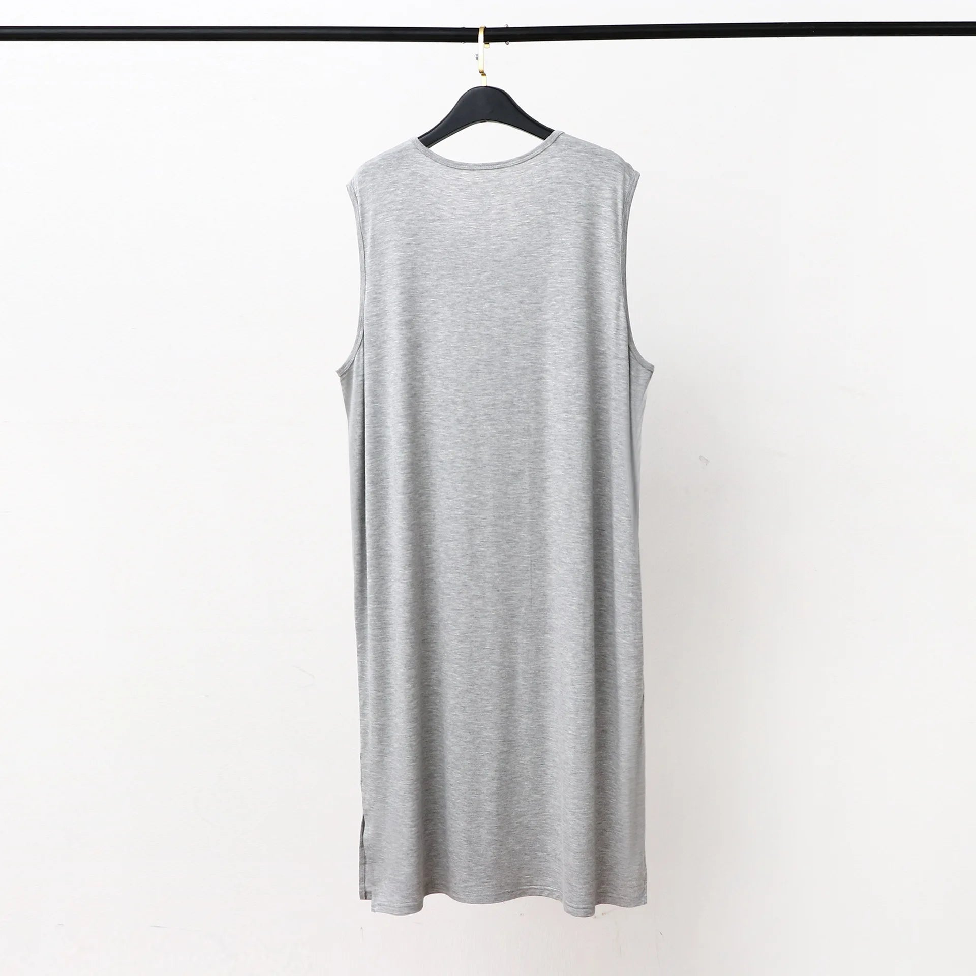 Men's sleeveless sleepwear vest dress, gray, hanging front view, long length