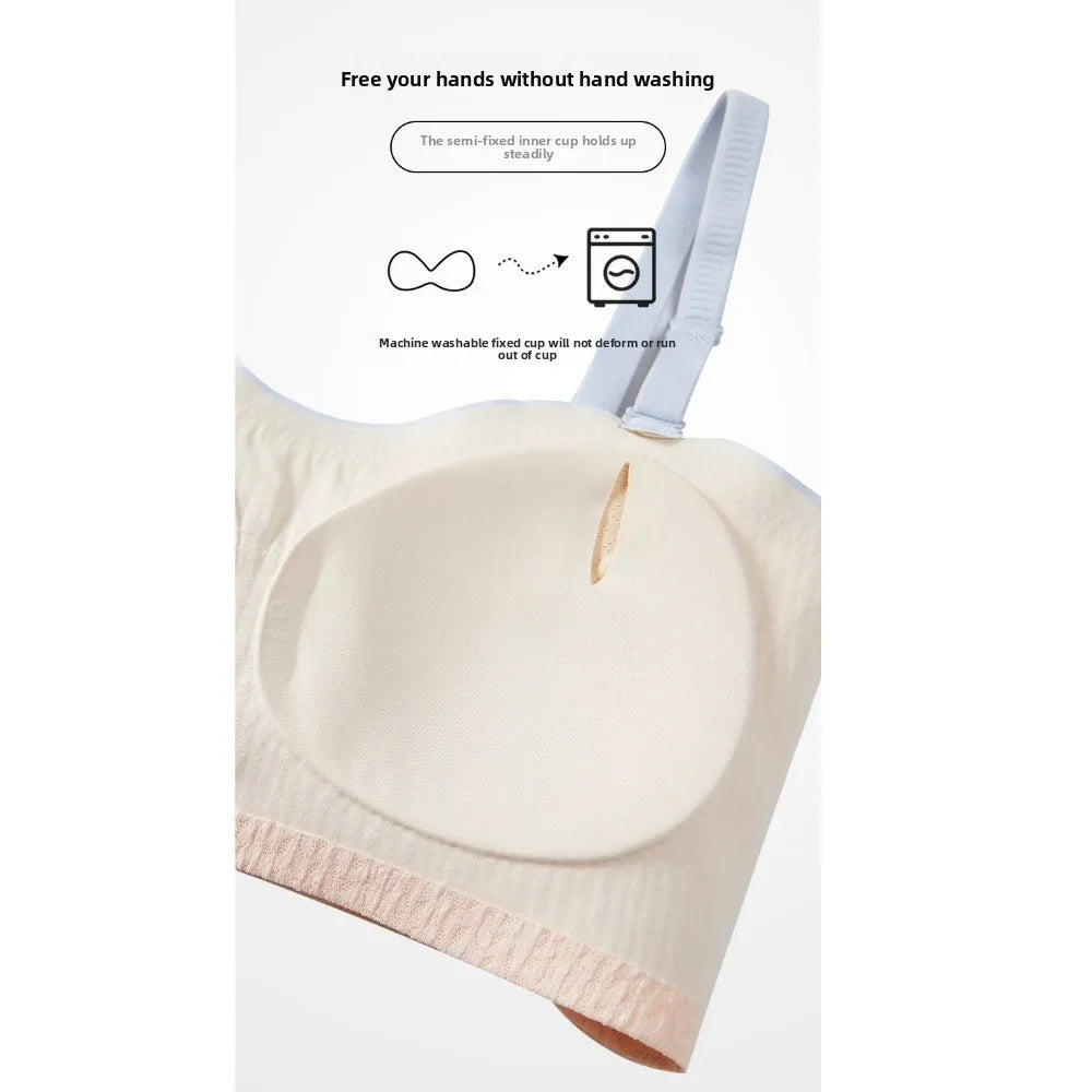 Beige wireless bra cup with inner fixed padding and elastic trim edge