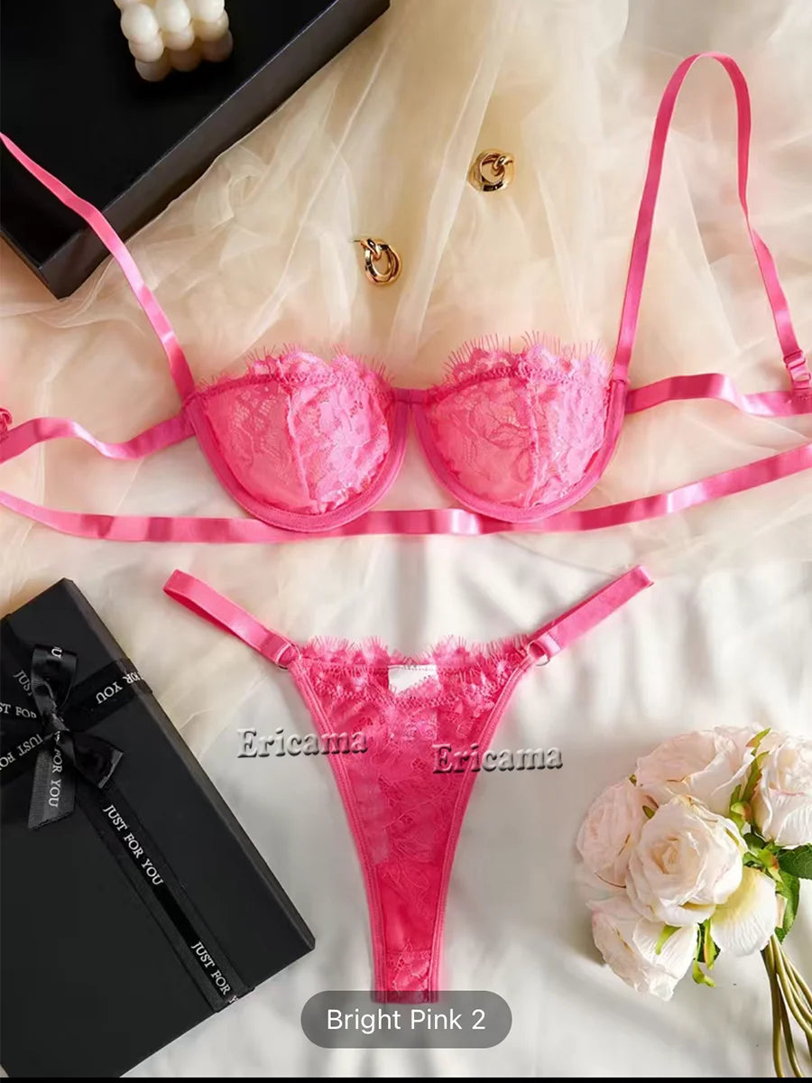 Bright pink lace bra and thong set with bow-trim straps and underwire cups
