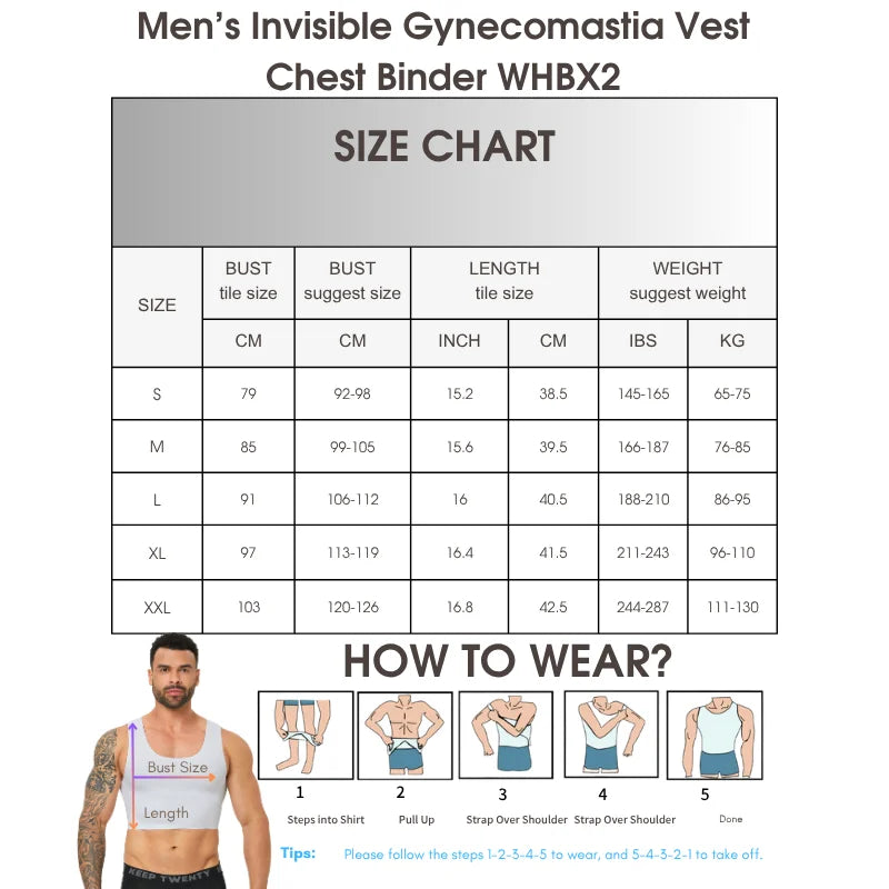 Size chart for men's invisible gynecomastia vest WHBX2