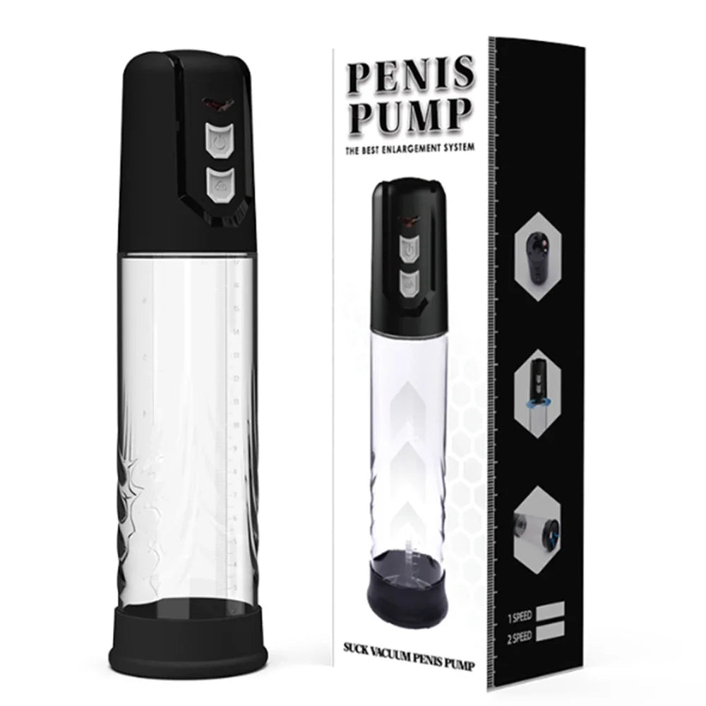 Black penis pump with clear cylinder and molded base, shown with retail box
