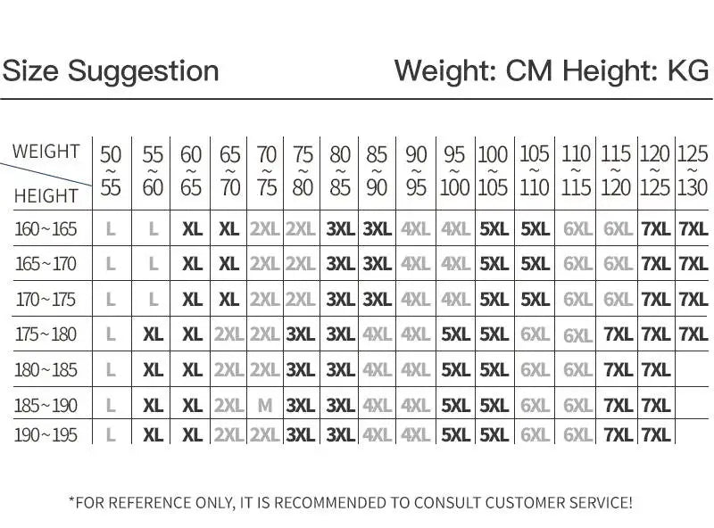 Size suggestion chart with weight, height, and recommended size (CM, KG)