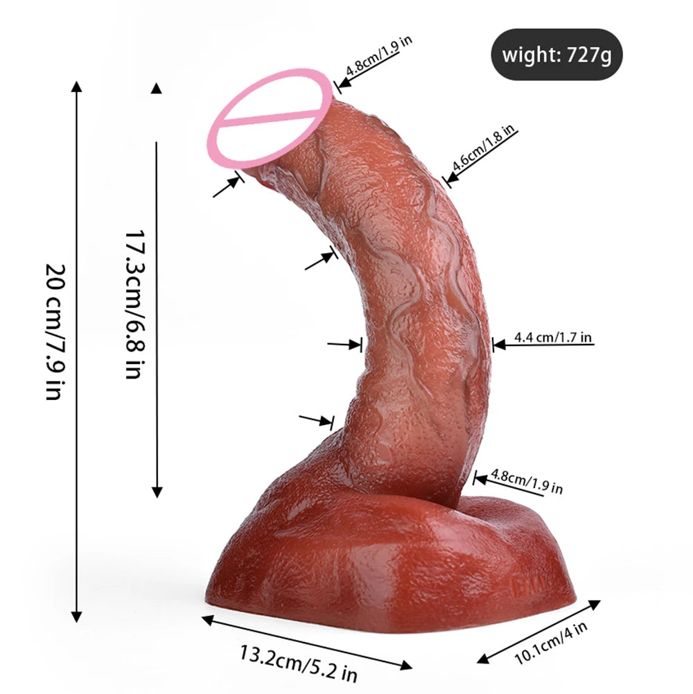 Deep red-brown double-layer silicone dildo with suction base, curved shape and flared base