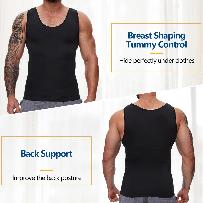 Black sleeveless tummy control vest, front and back views on model