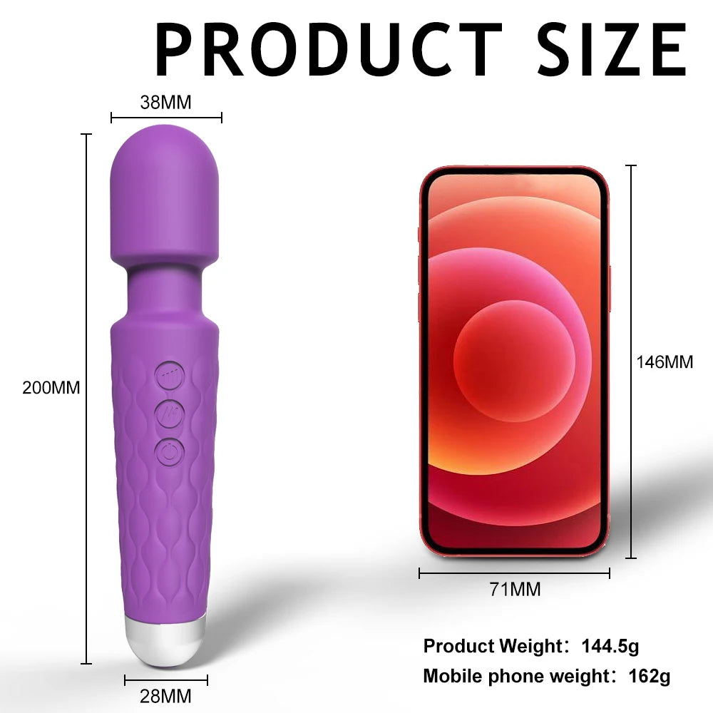 Purple g-spot magic wand vibrator size diagram with labeled dimensions and device outline