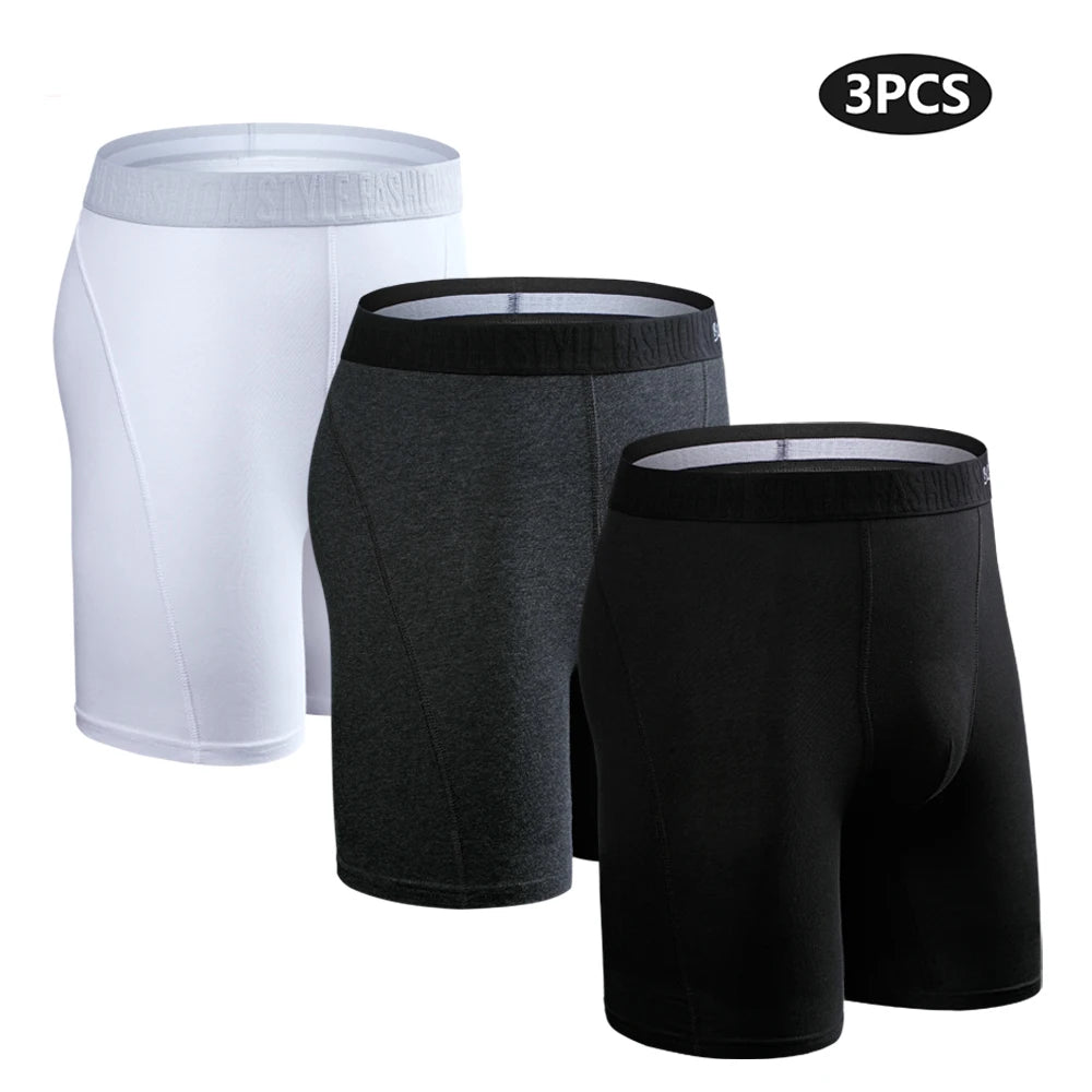 Men's cotton long boxer shorts, 3-pack in white, dark gray, and black