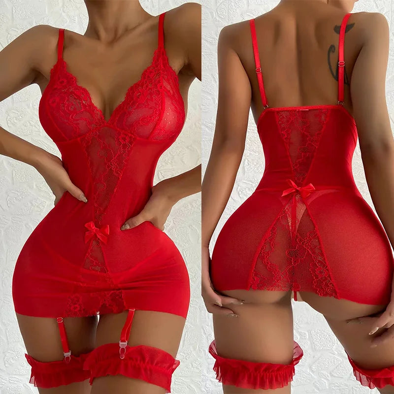 Red lace babydoll nightgown with garter straps and bow detail, front view