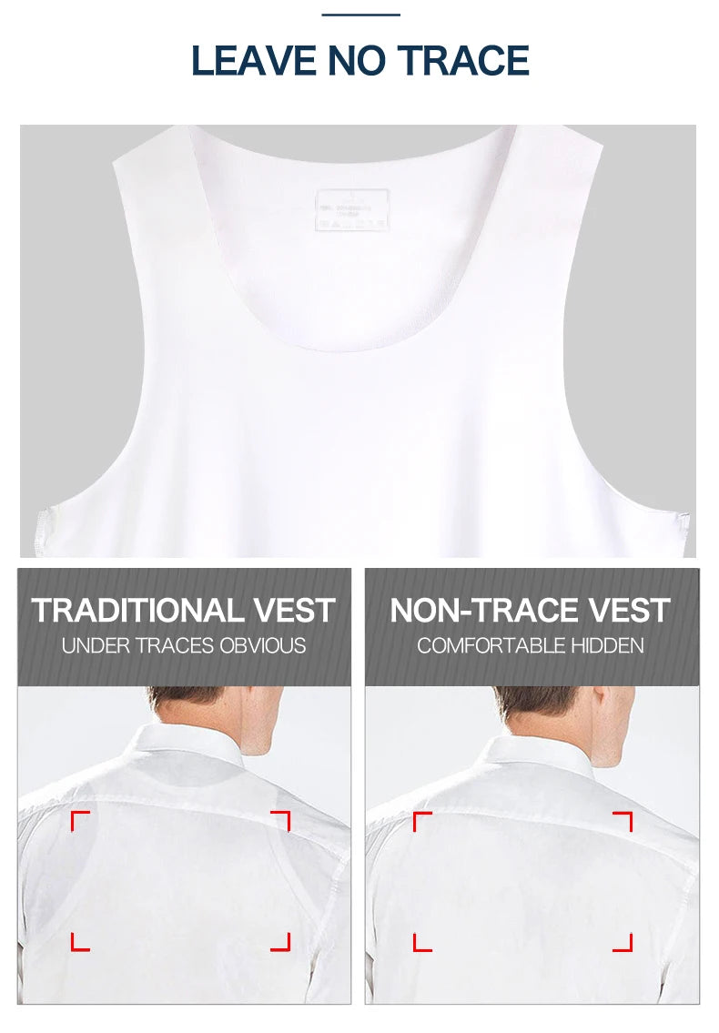 Traditional vs non-trace vest comparison graphic to reduce underarm show-through