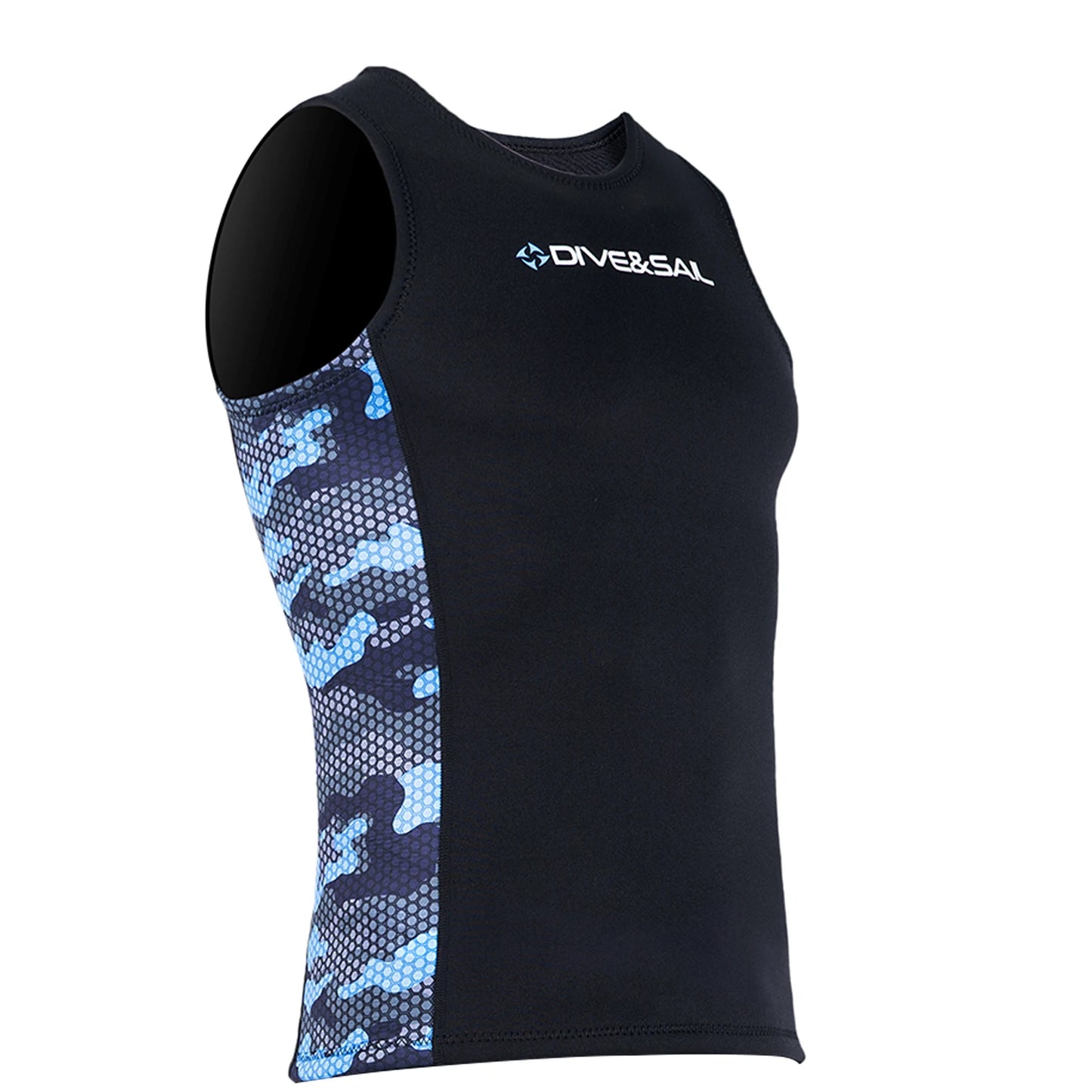 Black sleeveless wetsuit vest with blue camo side panel and front logo