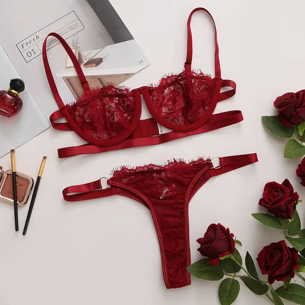 Embroidered lace push-up bra and brief set, red lace lingerie set (flat lay)