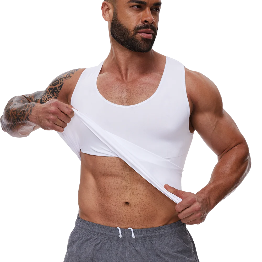 White men's tummy control shaping vest, scoop neck and sleeveless fit