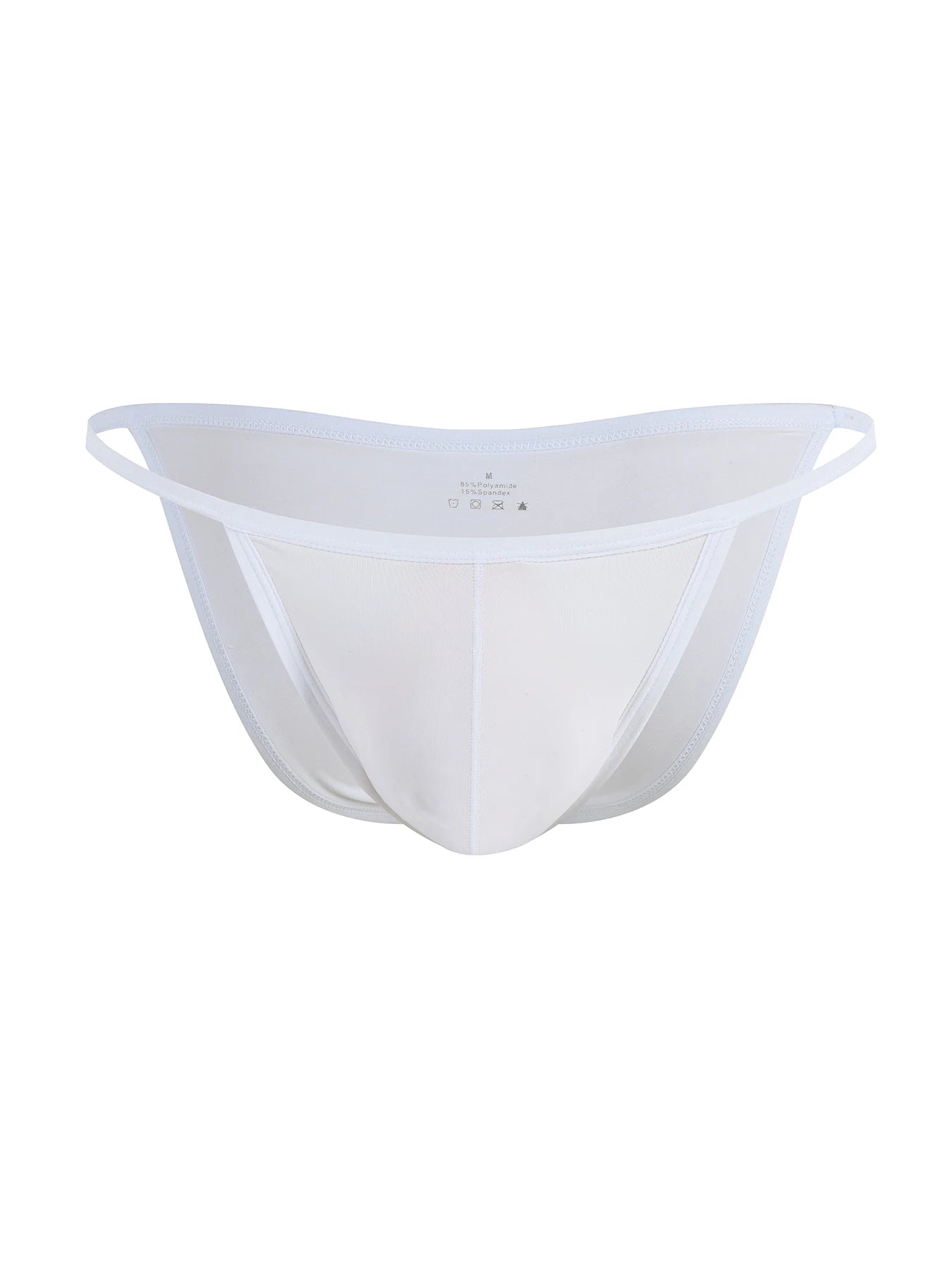 White solid U-pouch bikini brief with smooth front and matching waistband