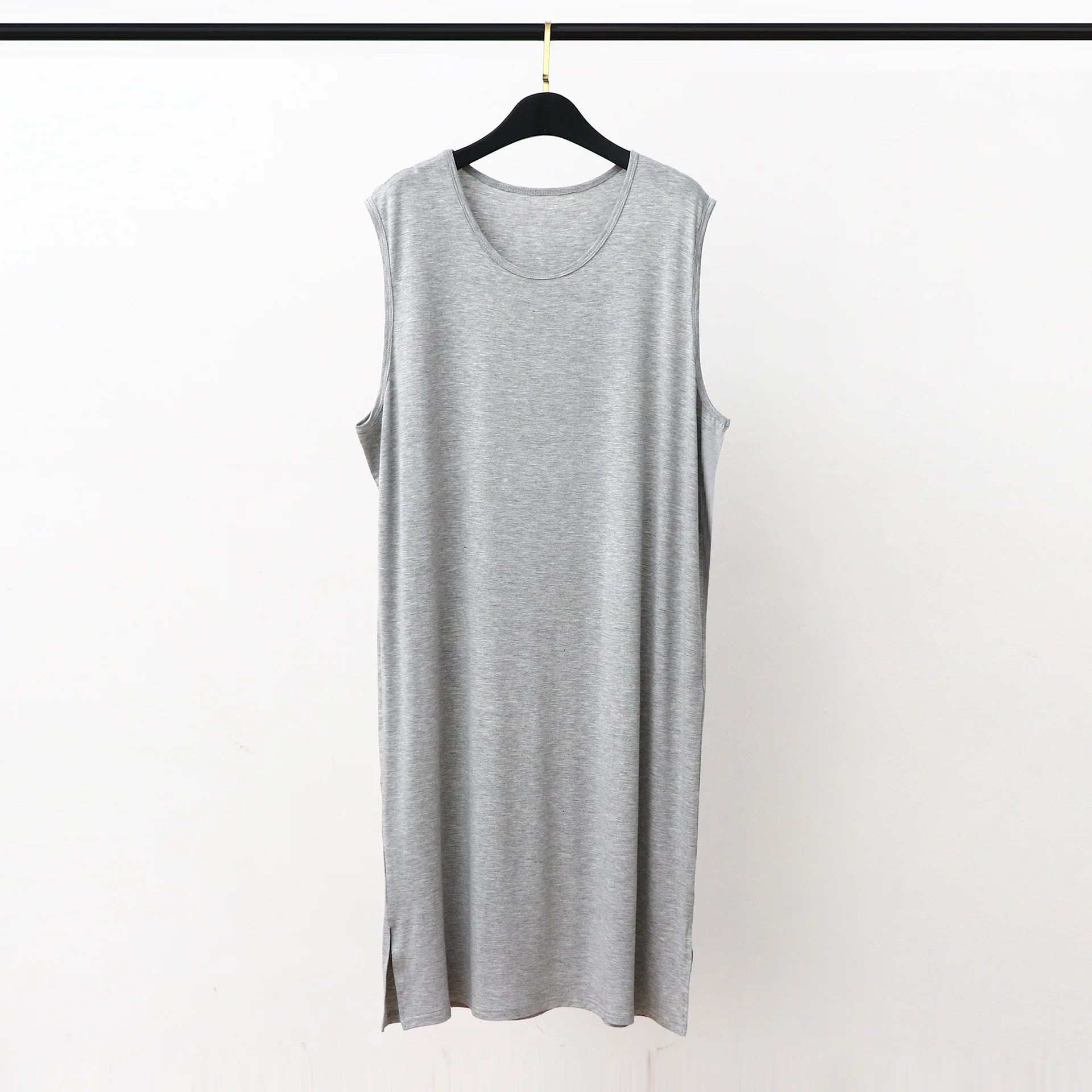 Men's sleeveless sleepwear vest dress, gray, scoop neck, long loose fit