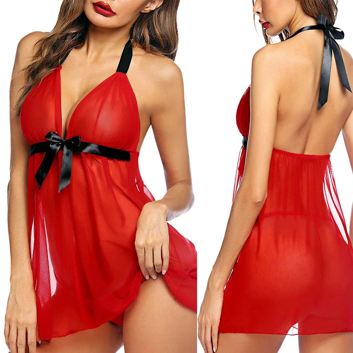 Red lace babydoll bodysuit with halter neckline and black bow waist tie