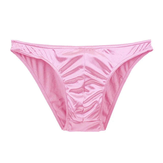 Pink satin silky brief underwear, smooth V-front and mid-rise waistband
