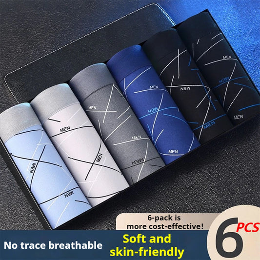 6-pack men’s stretch trunk set with abstract line patterns, mixed dark blue and gray