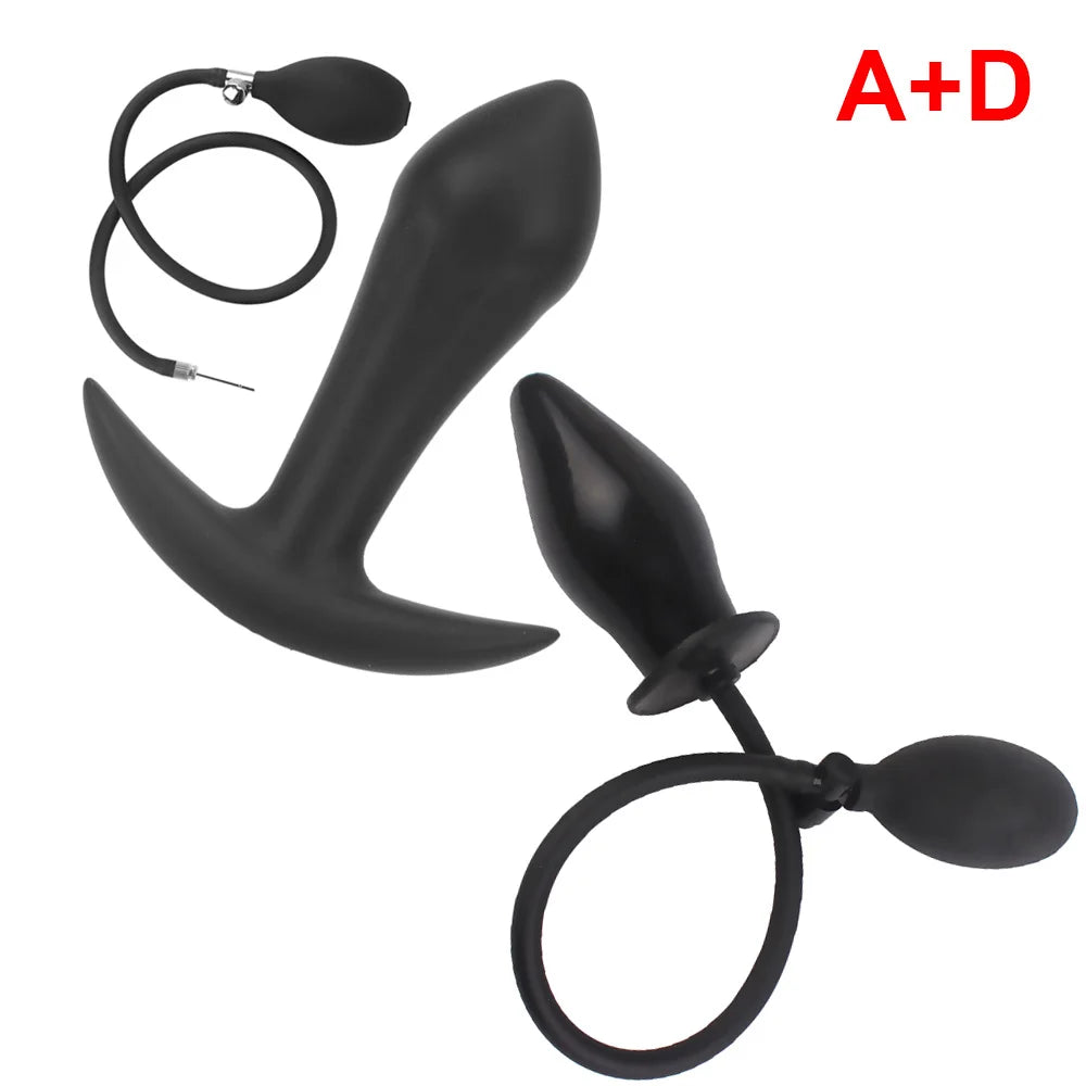 Black inflatable anal plug set with two tapered plugs and one loop strap (A+D)
