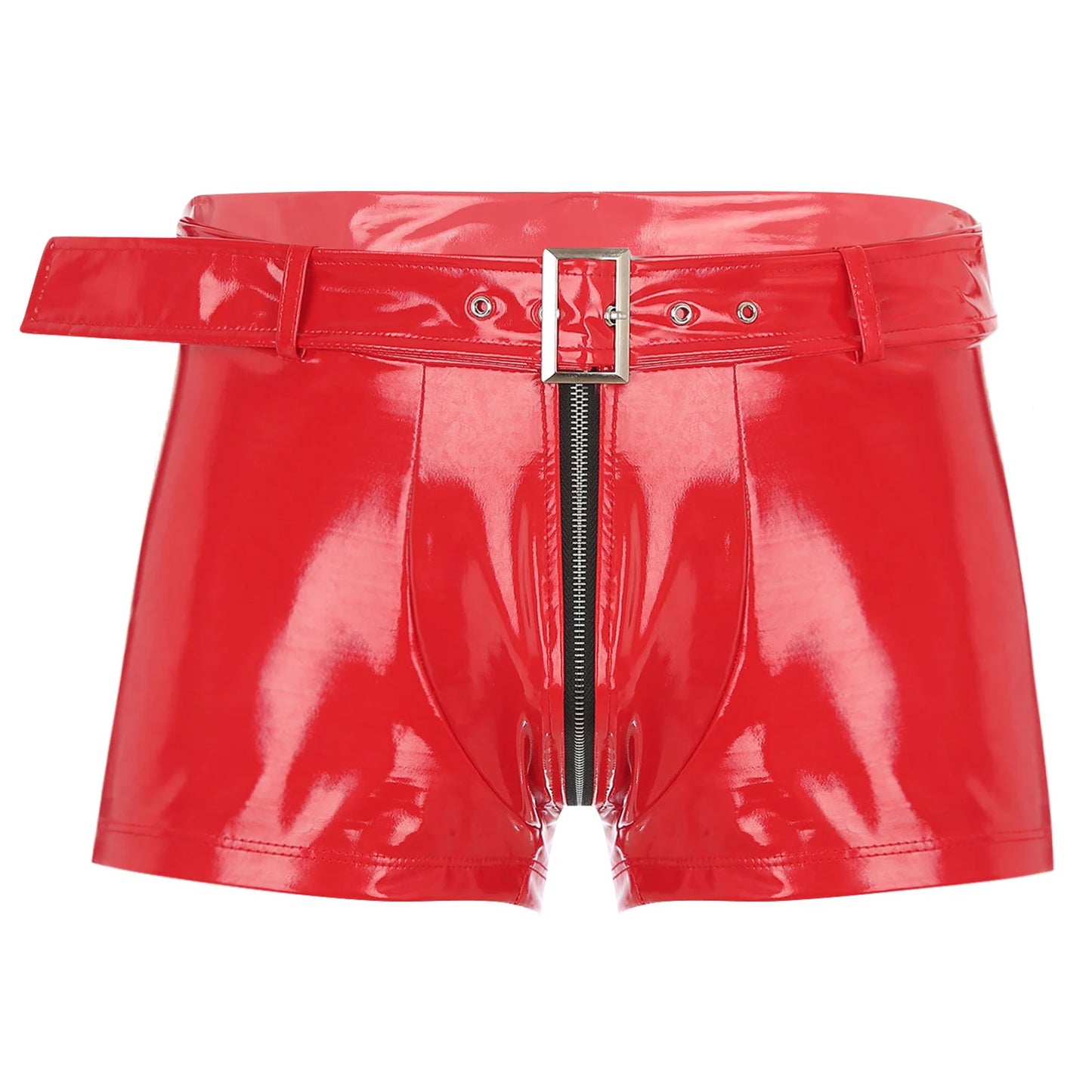 Red wet-look PVC boxer briefs with front zipper and belt loops