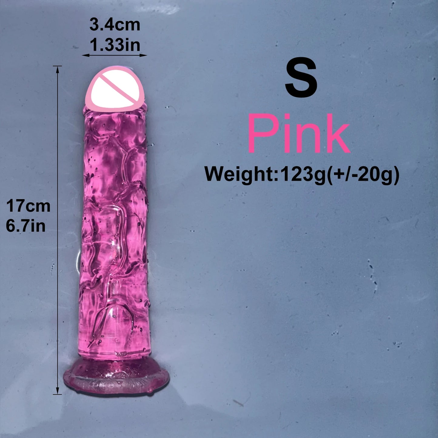 Transparent jelly dildo with suction base, S, shiny pink color